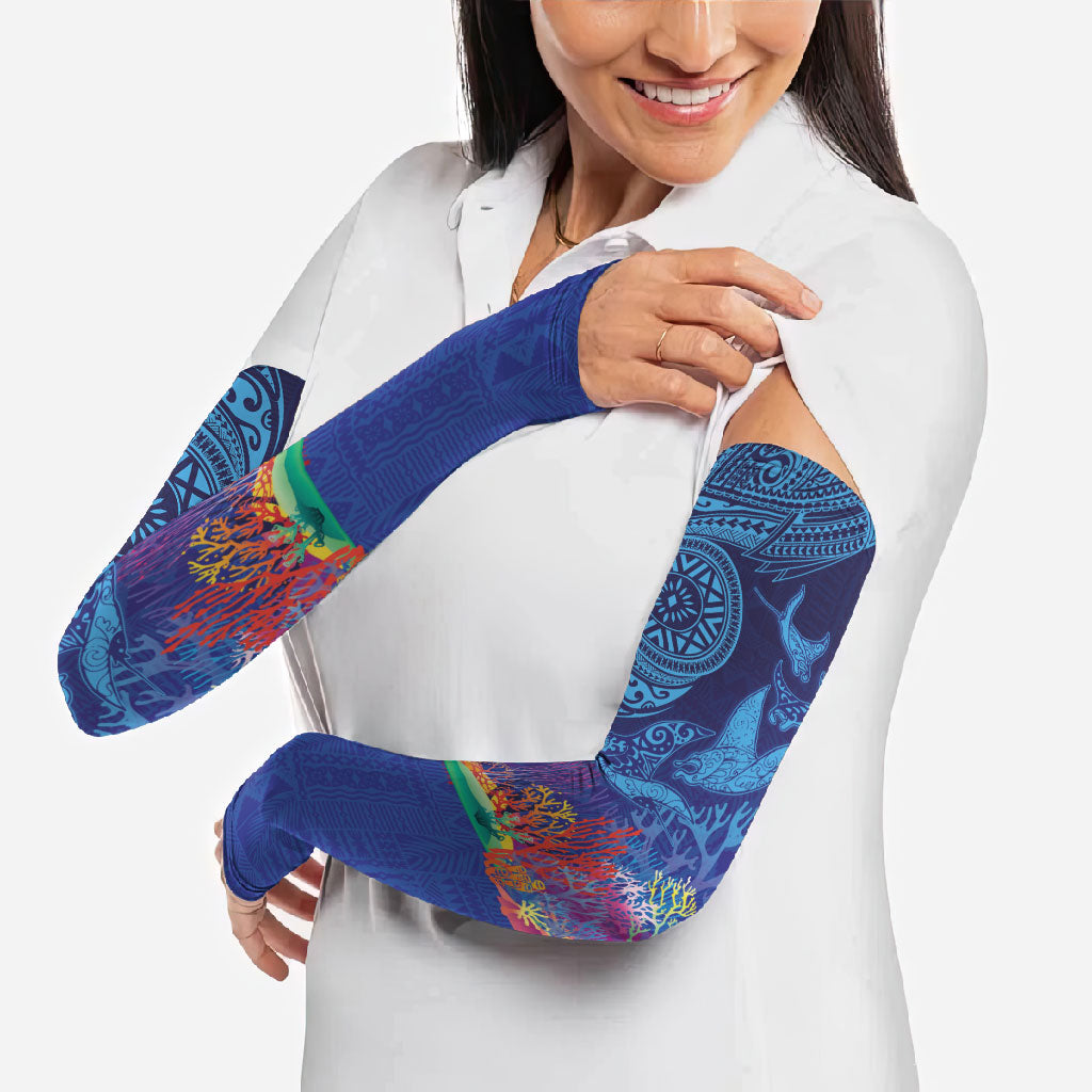 Fijian Tribal Manta Ray Arm Sleeves Masi Motif with Coral Reef Ocean Vibe LT03 - Polynesian Pride