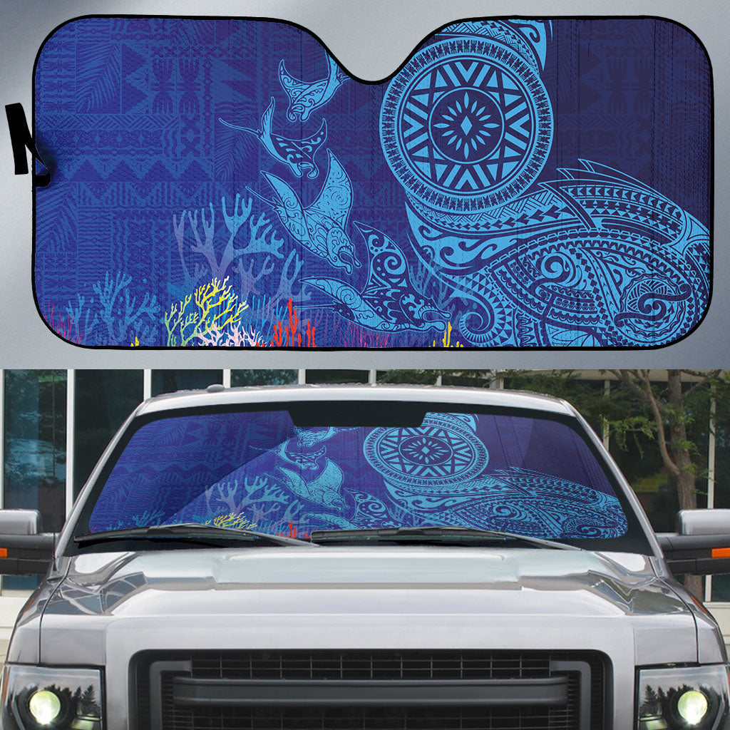 Fijian Tribal Manta Ray Auto Sun Shade Masi Motif with Coral Reef Ocean Vibe LT03 Blue - Polynesian Pride