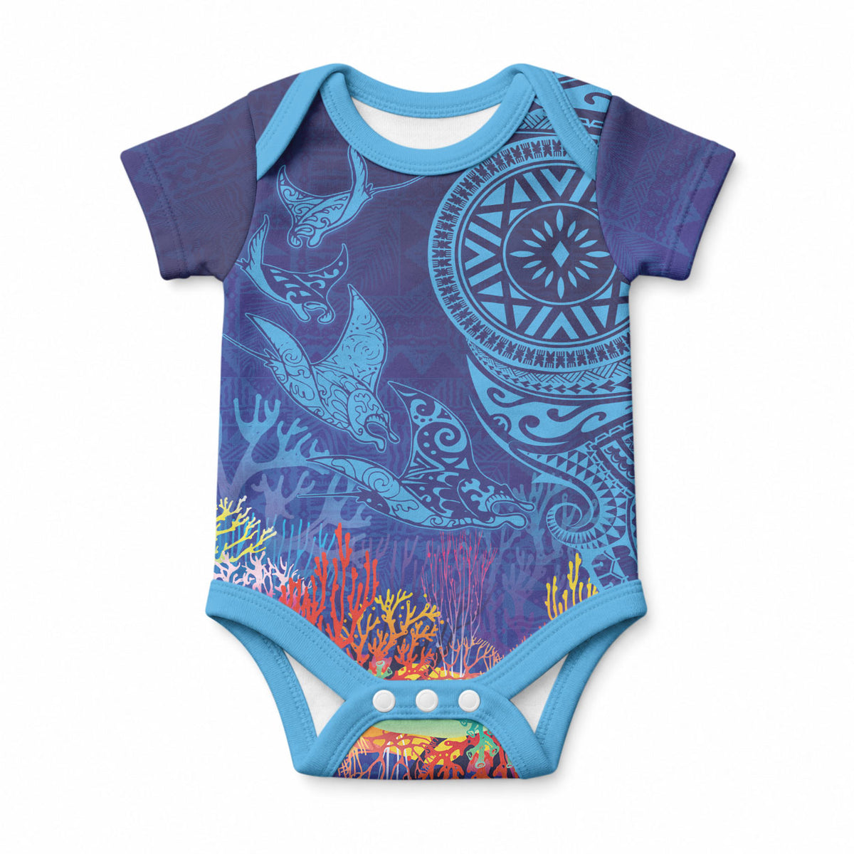 Fijian Tribal Manta Ray Baby Onesie Masi Motif with Coral Reef Ocean Vibe