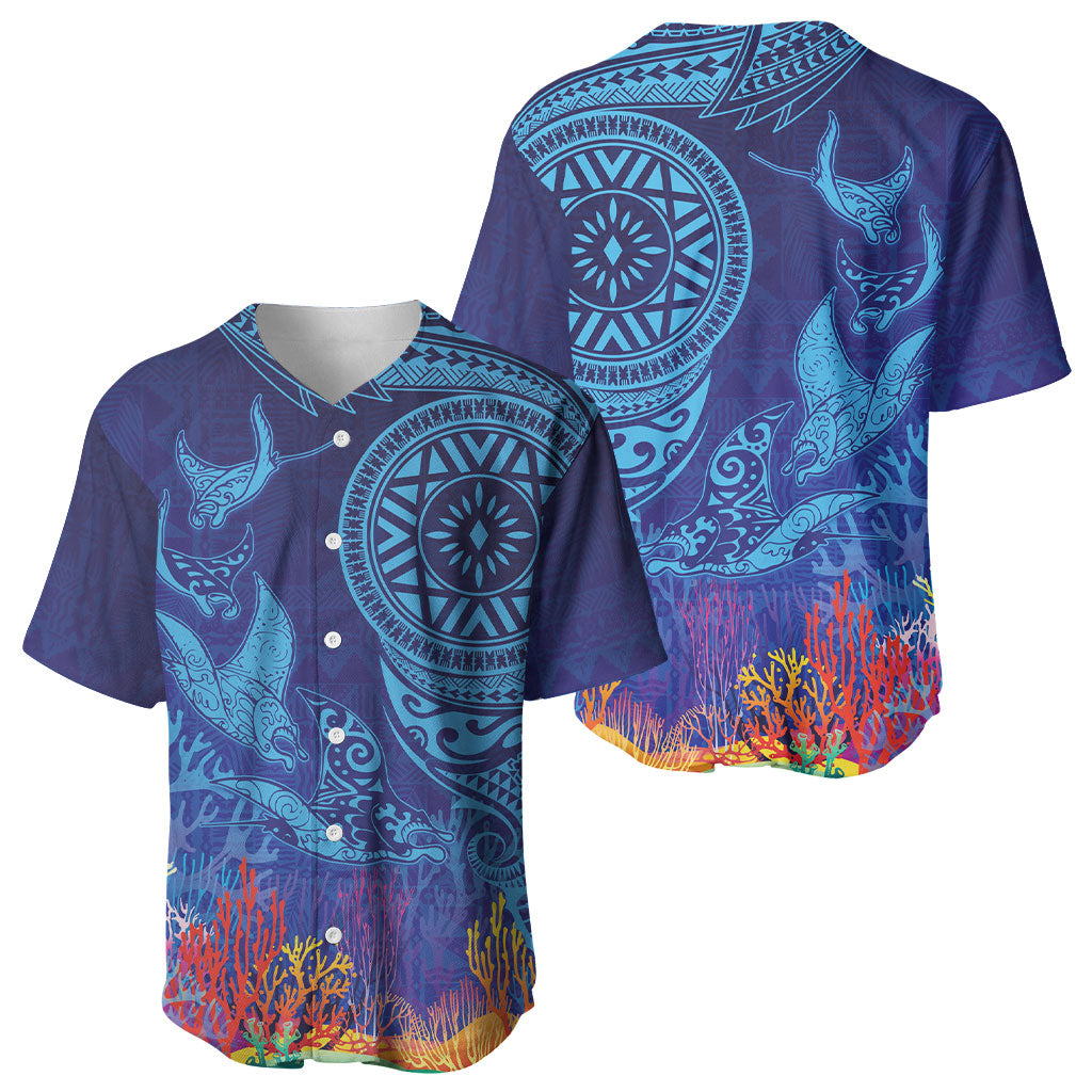 Fijian Tribal Manta Ray Baseball Jersey Masi Motif with Coral Reef Ocean Vibe LT03 - Polynesian Pride