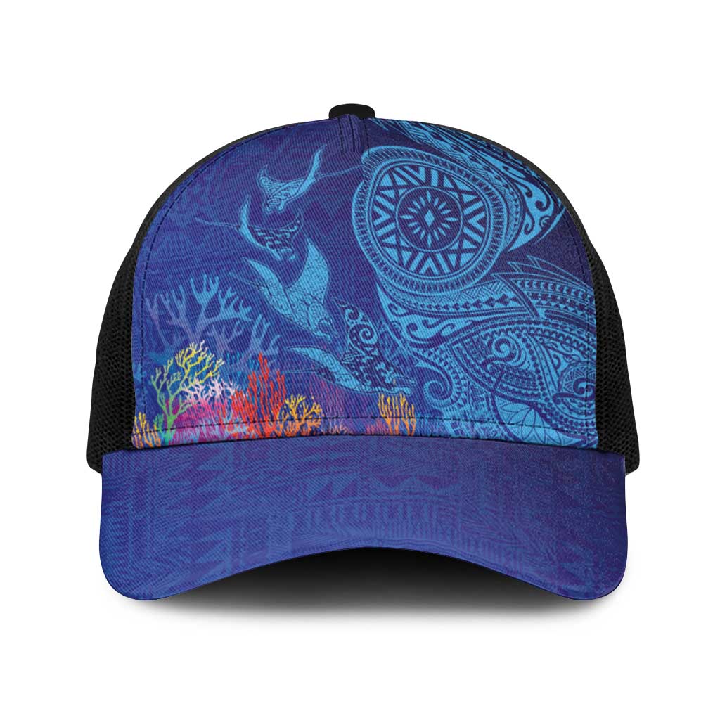 Fijian Tribal Manta Ray Baseball Net Cap Masi Motif with Coral Reef Ocean Vibe LT03 One Size Black Blue - Polynesian Pride