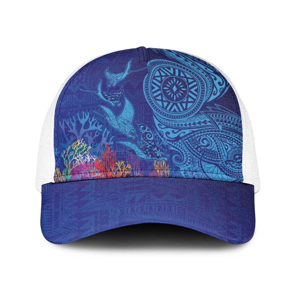 Fijian Tribal Manta Ray Baseball Net Cap Masi Motif with Coral Reef Ocean Vibe LT03 One Size White Blue - Polynesian Pride