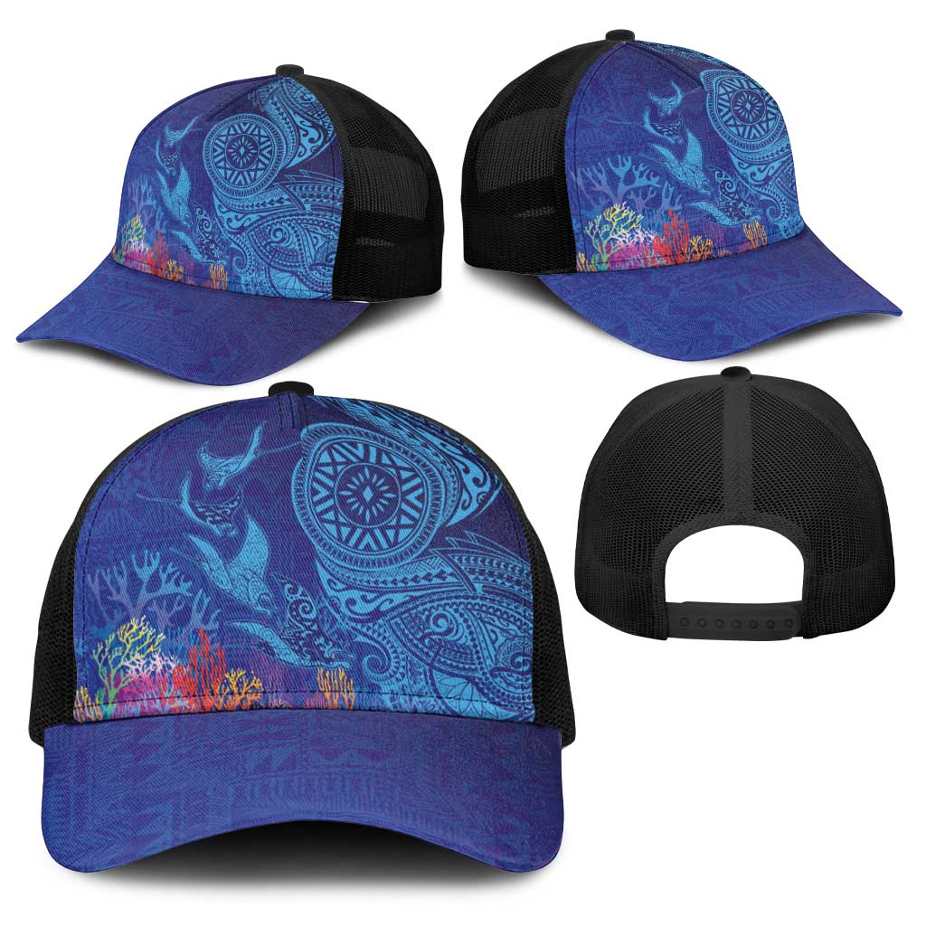 Fijian Tribal Manta Ray Baseball Net Cap Masi Motif with Coral Reef Ocean Vibe LT03 - Polynesian Pride