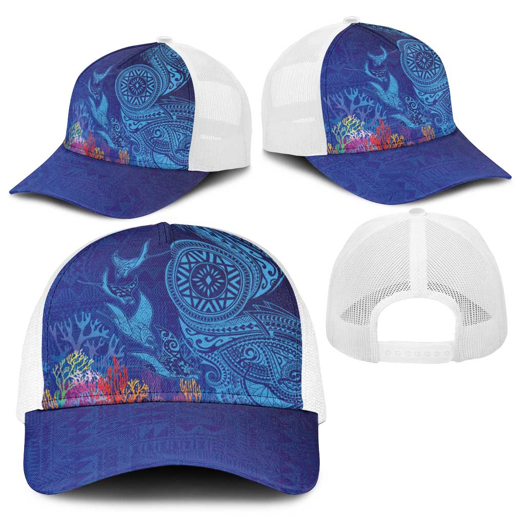 Fijian Tribal Manta Ray Baseball Net Cap Masi Motif with Coral Reef Ocean Vibe LT03 - Polynesian Pride