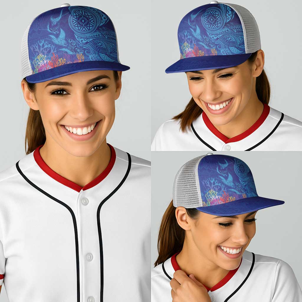 Fijian Tribal Manta Ray Baseball Net Cap Masi Motif with Coral Reef Ocean Vibe LT03 - Polynesian Pride