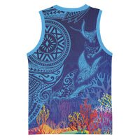 Fijian Tribal Manta Ray Basketball Jersey Masi Motif with Coral Reef Ocean Vibe LT03 - Polynesian Pride