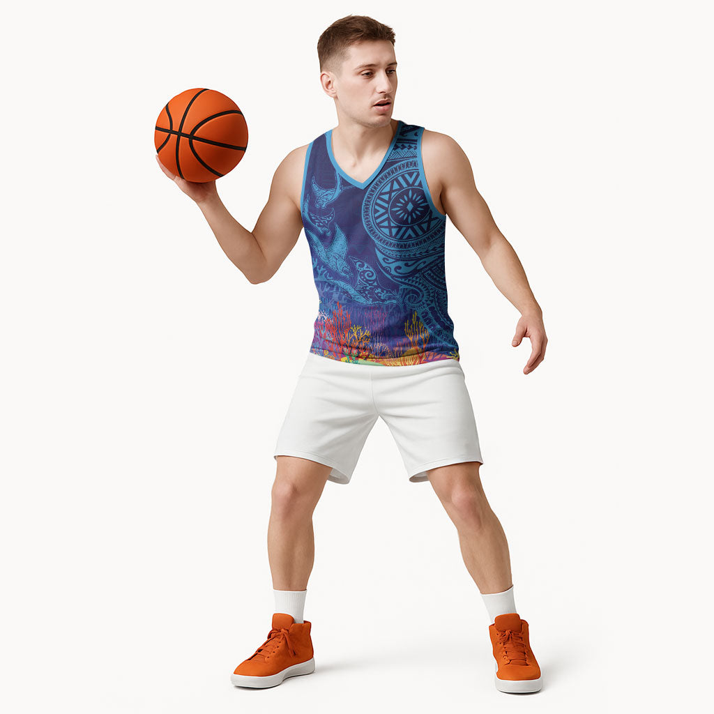 Fijian Tribal Manta Ray Basketball Jersey Masi Motif with Coral Reef Ocean Vibe LT03 - Polynesian Pride