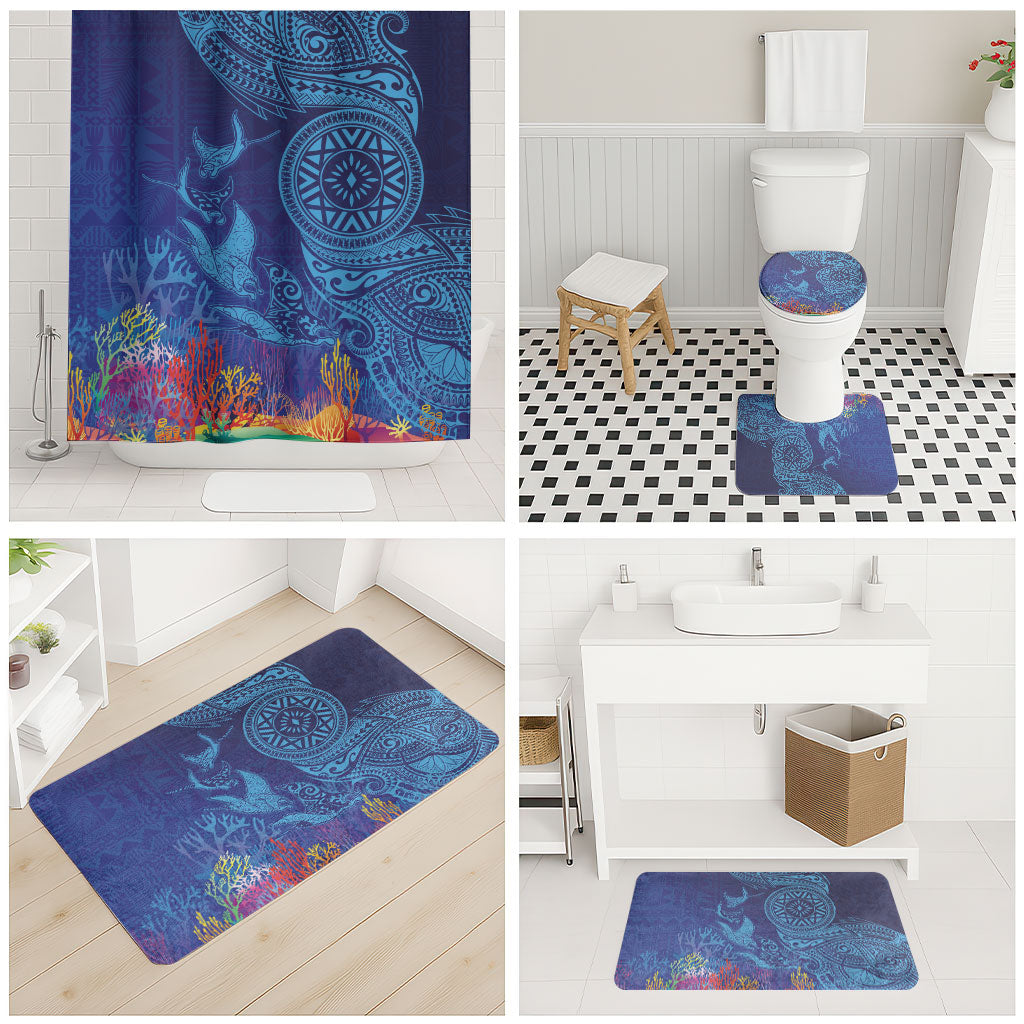 Fijian Tribal Manta Ray Bathroom Set Masi Motif with Coral Reef Ocean Vibe LT03 - Polynesian Pride