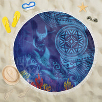 Fijian Tribal Manta Ray Beach Blanket Masi Motif with Coral Reef Ocean Vibe LT03 One Size 150cm Blue - Polynesian Pride