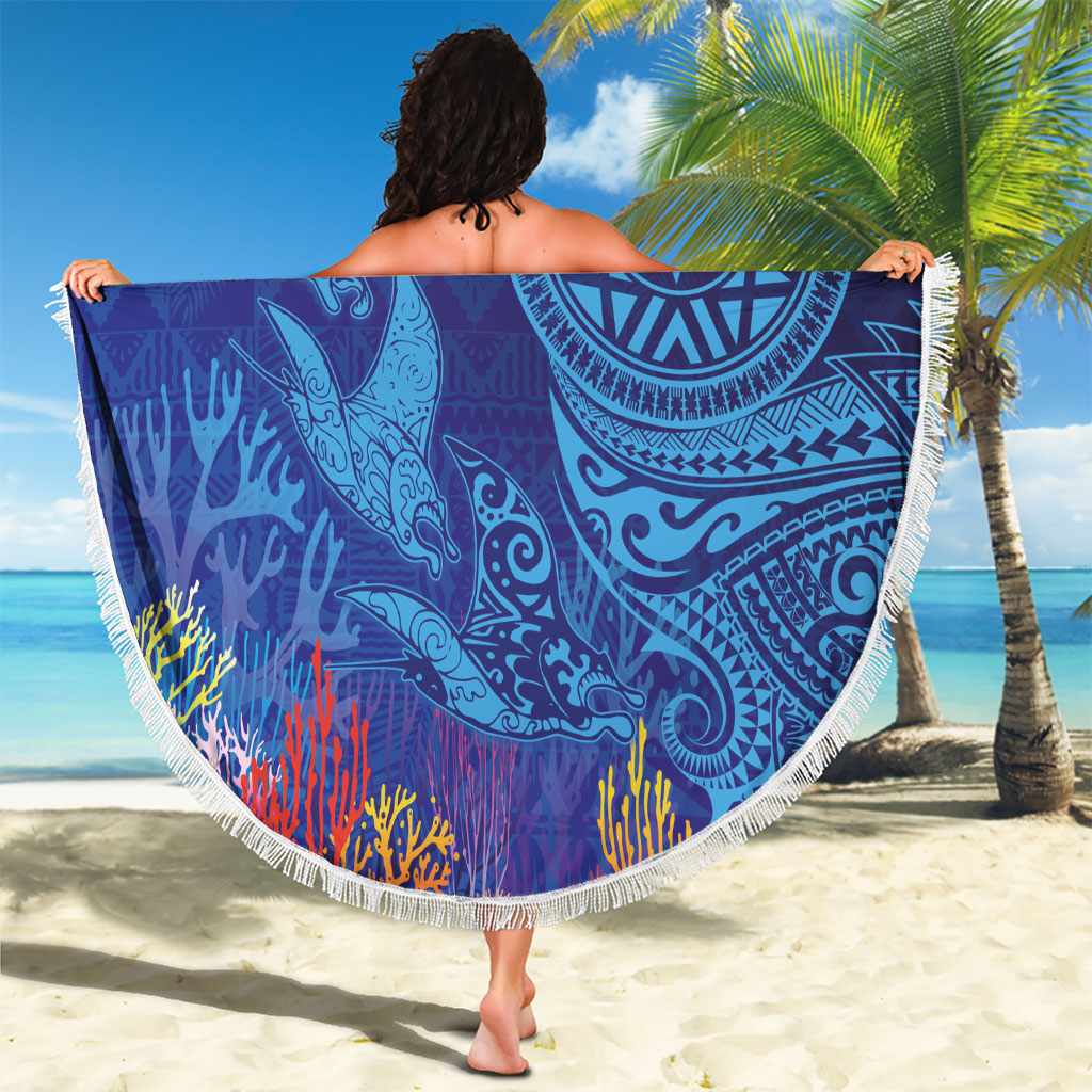 Fijian Tribal Manta Ray Beach Blanket Masi Motif with Coral Reef Ocean Vibe LT03 - Polynesian Pride