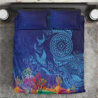 Fijian Tribal Manta Ray Bedding Set Masi Motif with Coral Reef Ocean Vibe LT03 Blue - Polynesian Pride