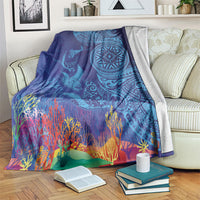 Fijian Tribal Manta Ray Blanket Masi Motif with Coral Reef Ocean Vibe LT03 Blue - Polynesian Pride