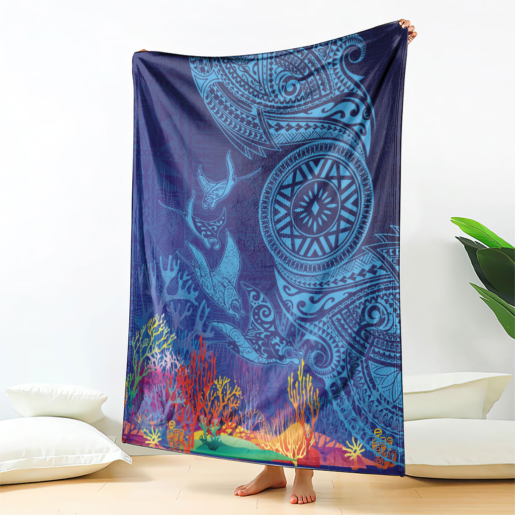 Fijian Tribal Manta Ray Blanket Masi Motif with Coral Reef Ocean Vibe LT03 - Polynesian Pride