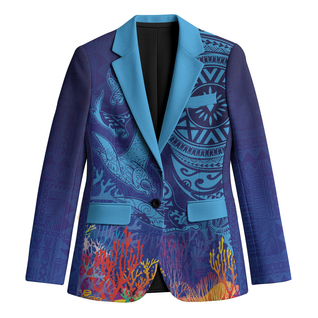 Fijian Tribal Manta Ray Blazer Masi Motif with Coral Reef Ocean Vibe LT03 Unisex Blue - Polynesian Pride