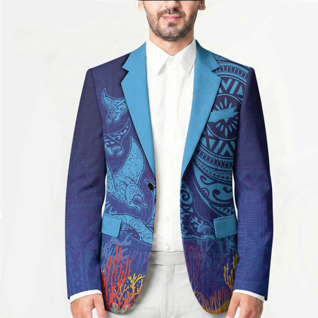 Fijian Tribal Manta Ray Blazer Masi Motif with Coral Reef Ocean Vibe LT03 - Polynesian Pride