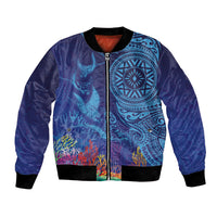 Fijian Tribal Manta Ray Bomber Jacket Masi Motif with Coral Reef Ocean Vibe LT03 Unisex Blue - Polynesian Pride