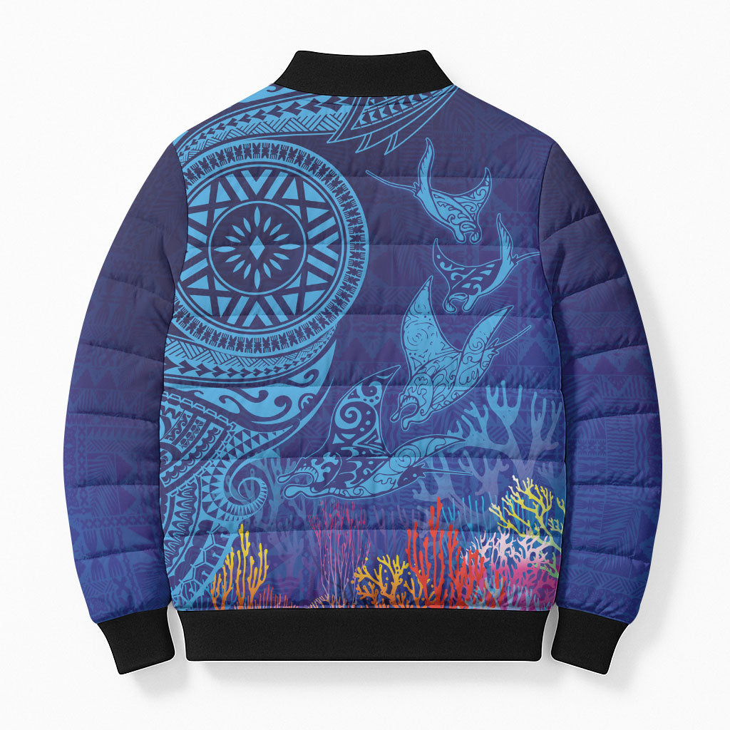 Fijian Tribal Manta Ray Bomber Puffer Jacket Masi Motif with Coral Reef Ocean Vibe LT03 - Polynesian Pride