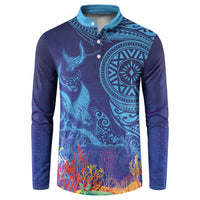 Fijian Tribal Manta Ray Button Sweatshirt Masi Motif with Coral Reef Ocean Vibe LT03 Blue - Polynesian Pride