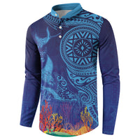 Fijian Tribal Manta Ray Button Sweatshirt Masi Motif with Coral Reef Ocean Vibe LT03 - Polynesian Pride