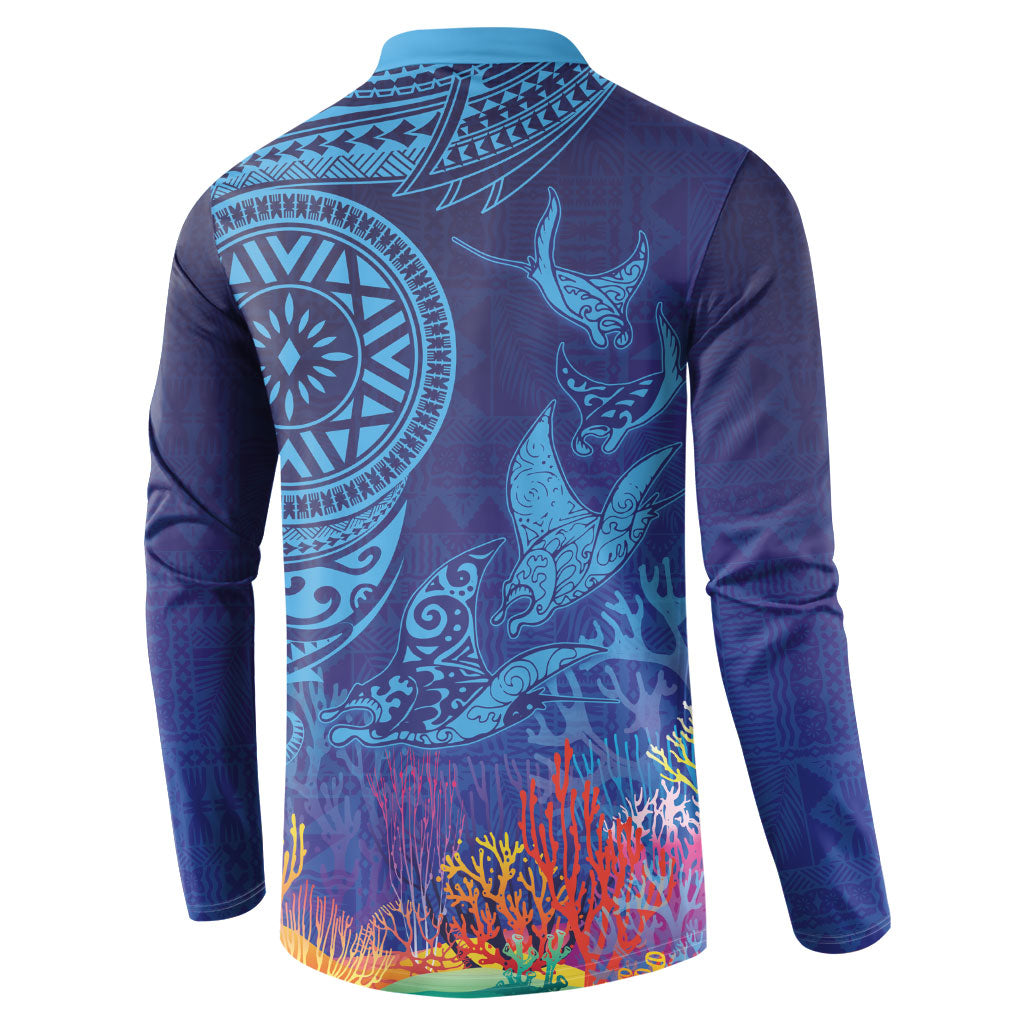 Fijian Tribal Manta Ray Button Sweatshirt Masi Motif with Coral Reef Ocean Vibe LT03 - Polynesian Pride