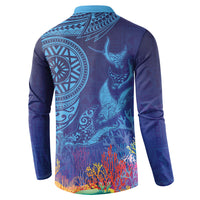 Fijian Tribal Manta Ray Button Sweatshirt Masi Motif with Coral Reef Ocean Vibe LT03 - Polynesian Pride