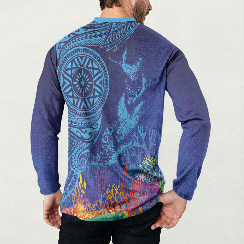 Fijian Tribal Manta Ray Button Sweatshirt Masi Motif with Coral Reef Ocean Vibe LT03 - Polynesian Pride