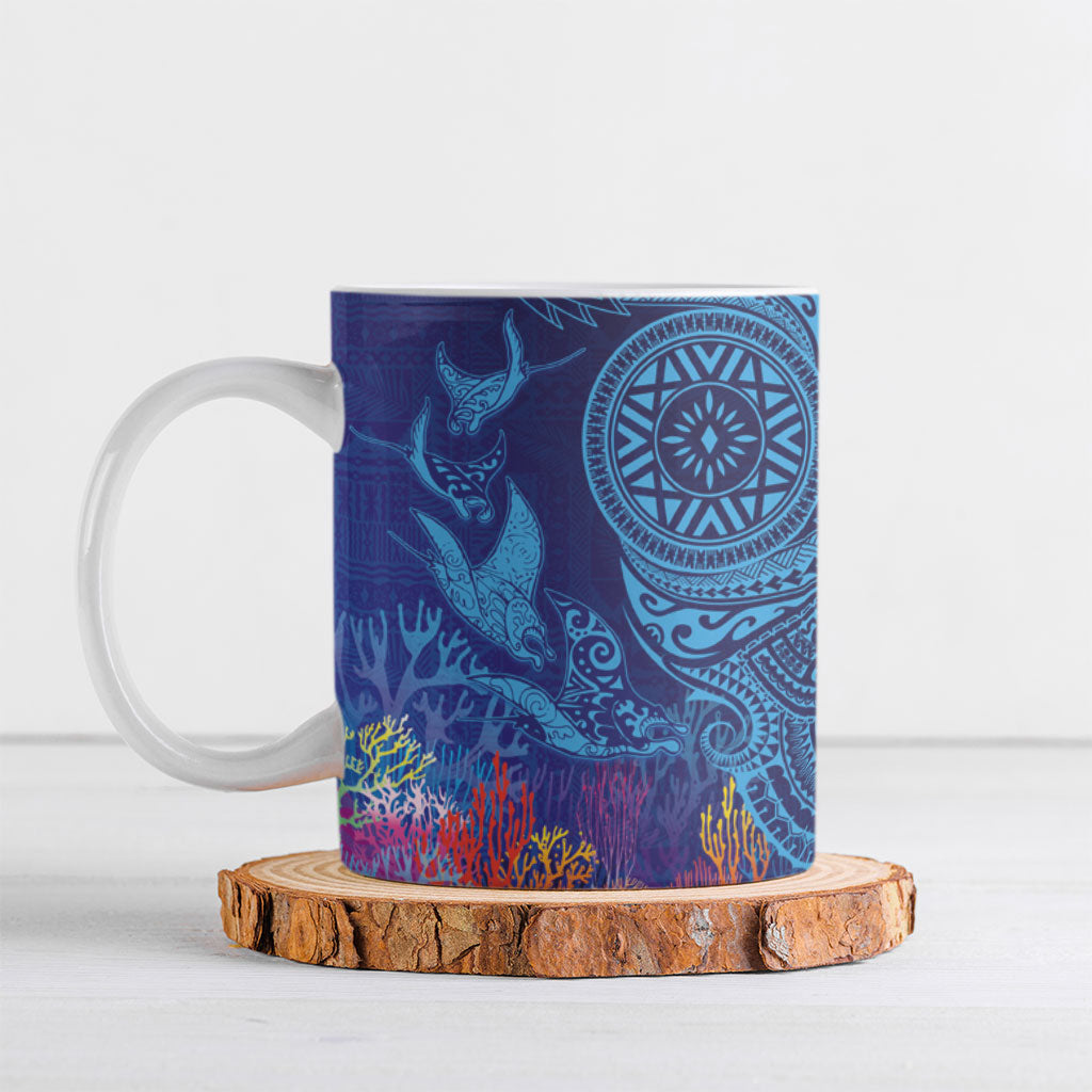 Fijian Tribal Manta Ray Ceramic Mug Masi Motif with Coral Reef Ocean Vibe LT03 Blue - Polynesian Pride