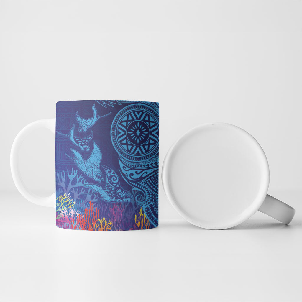 Fijian Tribal Manta Ray Ceramic Mug Masi Motif with Coral Reef Ocean Vibe LT03 - Polynesian Pride