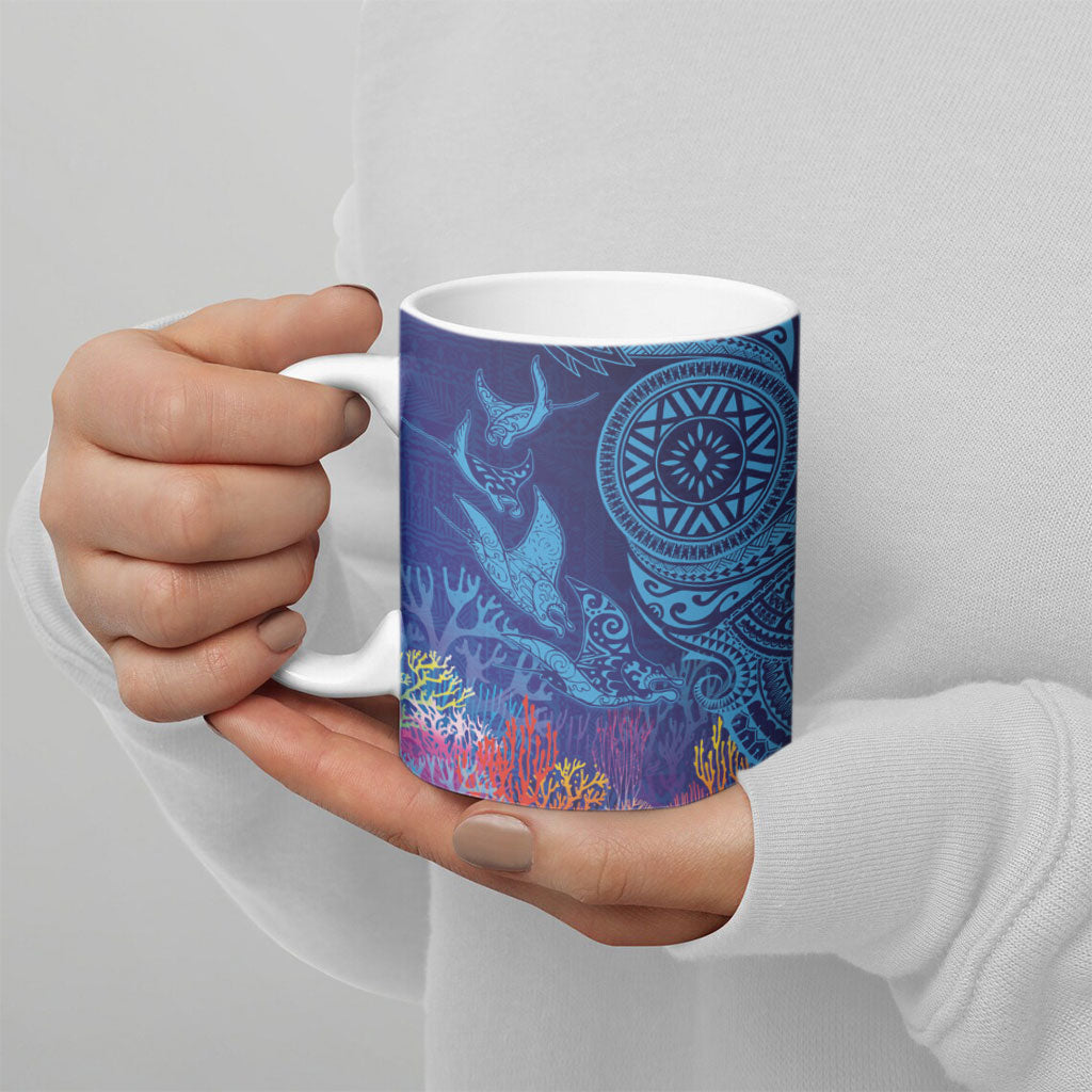 Fijian Tribal Manta Ray Ceramic Mug Masi Motif with Coral Reef Ocean Vibe LT03 - Polynesian Pride