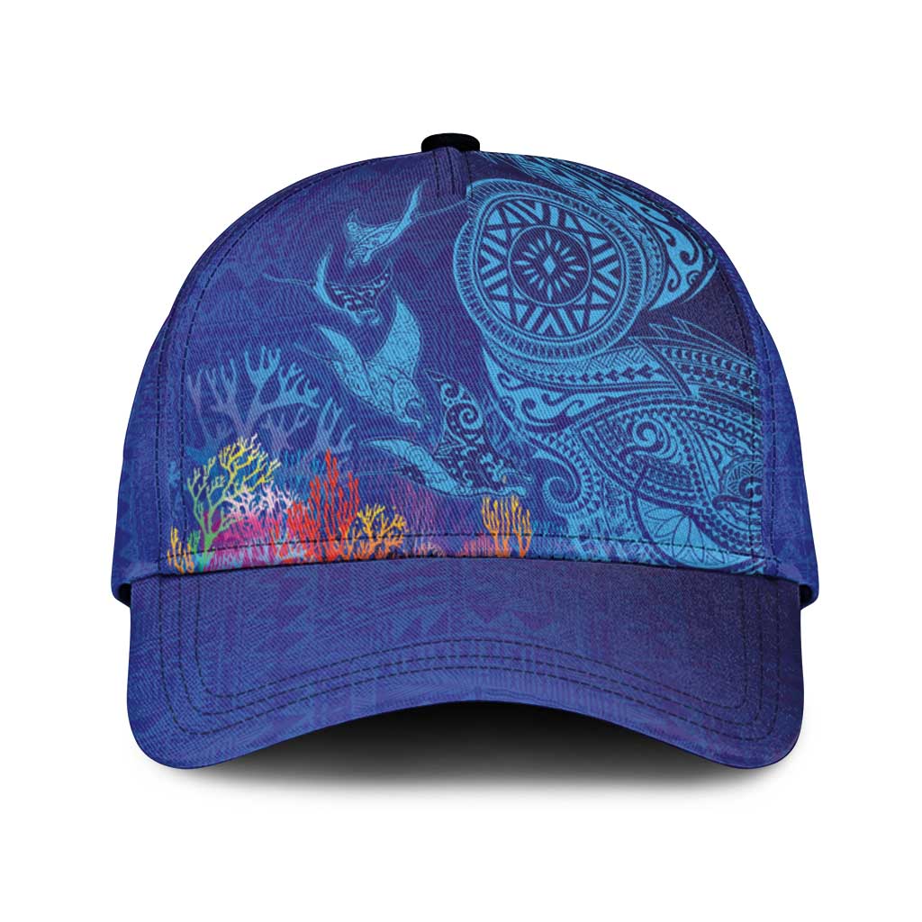 Fijian Tribal Manta Ray Classic Cap Masi Motif with Coral Reef Ocean Vibe LT03 Universal Fit Blue - Polynesian Pride