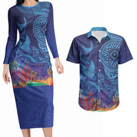 Fijian Tribal Manta Ray Couples Matching Long Sleeve Bodycon Dress and Hawaiian Shirt Masi Motif with Coral Reef Ocean Vibe LT03 Blue - Polynesian Pride