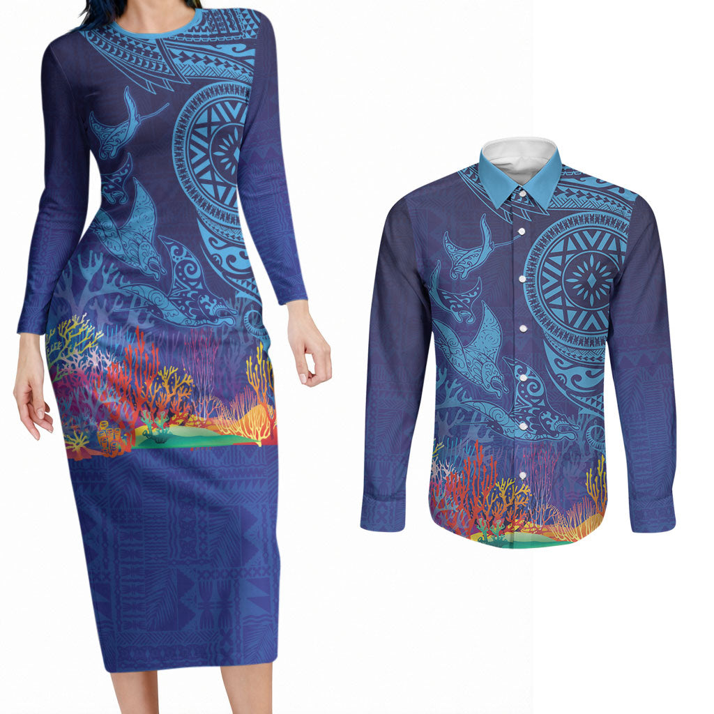 Fijian Tribal Manta Ray Couples Matching Long Sleeve Bodycon Dress and Long Sleeve Button Shirt Masi Motif with Coral Reef Ocean Vibe LT03 Blue - Polynesian Pride