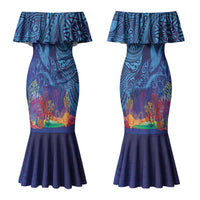 Fijian Tribal Manta Ray Couples Matching Mermaid Dress and Long Sleeve Button Shirt Masi Motif with Coral Reef Ocean Vibe LT03 - Polynesian Pride