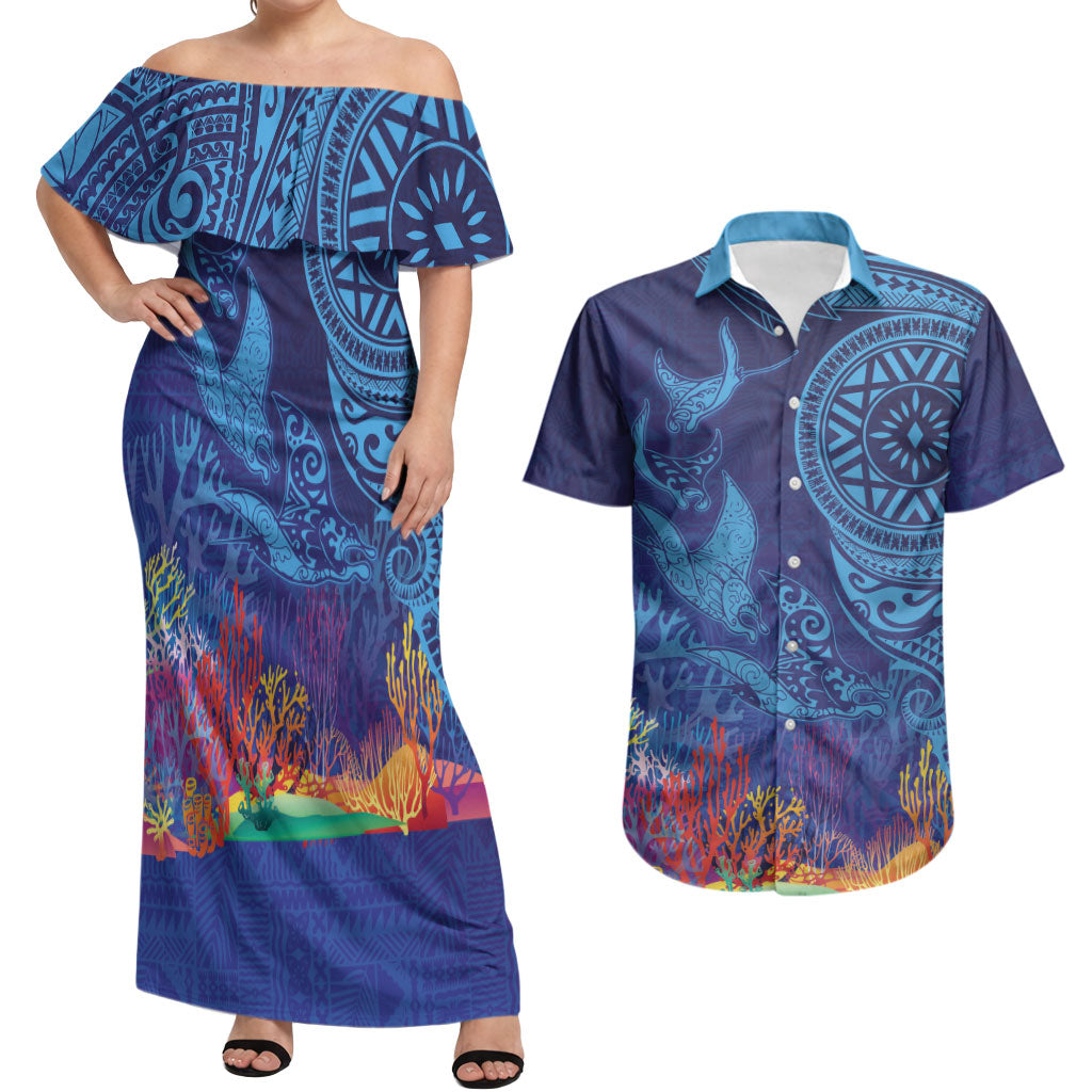 Fijian Tribal Manta Ray Couples Matching Off Shoulder Maxi Dress and Hawaiian Shirt Masi Motif with Coral Reef Ocean Vibe LT03 Blue - Polynesian Pride