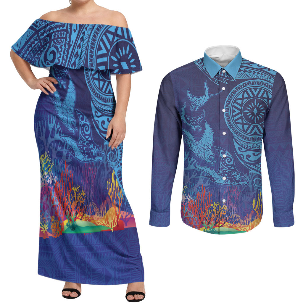 Fijian Tribal Manta Ray Couples Matching Off Shoulder Maxi Dress and Long Sleeve Button Shirt Masi Motif with Coral Reef Ocean Vibe LT03 Blue - Polynesian Pride