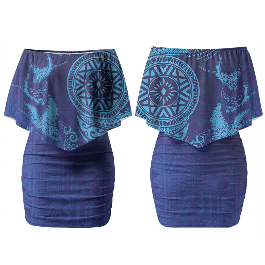 Fijian Tribal Manta Ray Couples Matching Off Shoulder Short Dress and Hawaiian Shirt Masi Motif with Coral Reef Ocean Vibe LT03 - Polynesian Pride