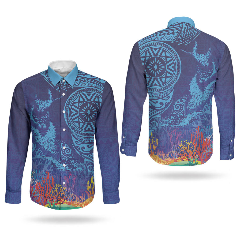 Fijian Tribal Manta Ray Couples Matching Off The Shoulder Long Sleeve Dress and Long Sleeve Button Shirt Masi Motif with Coral Reef Ocean Vibe LT03 - Polynesian Pride