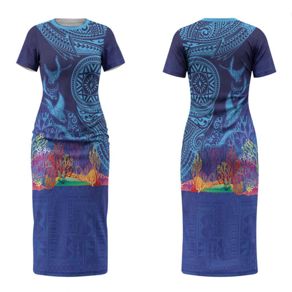 Fijian Tribal Manta Ray Couples Matching Short Sleeve Bodycon Dress and Long Sleeve Button Shirt Masi Motif with Coral Reef Ocean Vibe LT03 - Polynesian Pride