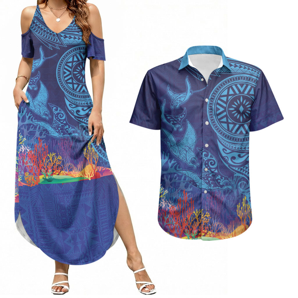 Fijian Tribal Manta Ray Couples Matching Summer Maxi Dress and Hawaiian Shirt Masi Motif with Coral Reef Ocean Vibe LT03 Blue - Polynesian Pride