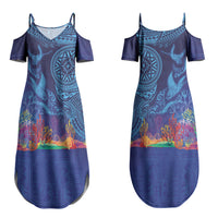 Fijian Tribal Manta Ray Couples Matching Summer Maxi Dress and Hawaiian Shirt Masi Motif with Coral Reef Ocean Vibe LT03 - Polynesian Pride