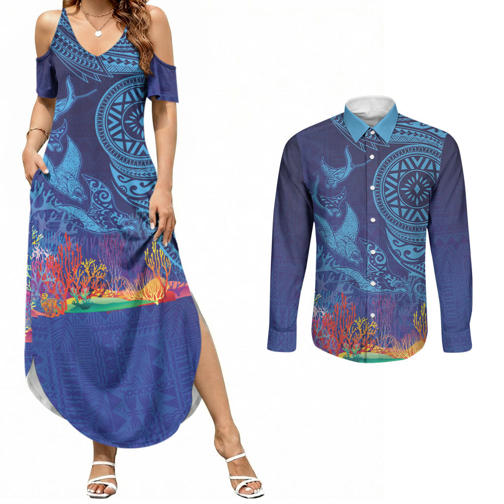 Fijian Tribal Manta Ray Couples Matching Summer Maxi Dress and Long Sleeve Button Shirt Masi Motif with Coral Reef Ocean Vibe LT03 Blue - Polynesian Pride