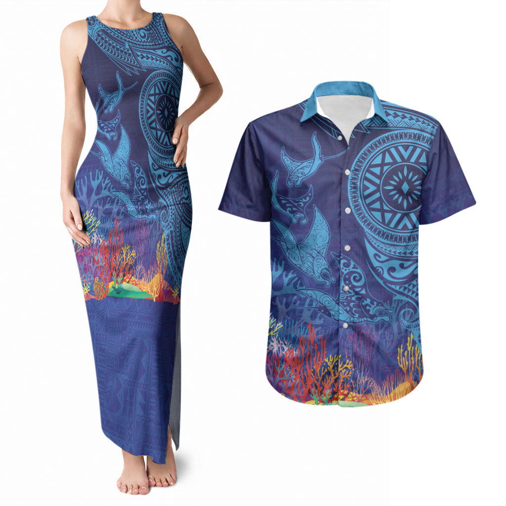 Fijian Tribal Manta Ray Couples Matching Tank Maxi Dress and Hawaiian Shirt Masi Motif with Coral Reef Ocean Vibe LT03 Blue - Polynesian Pride
