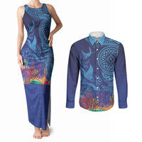 Fijian Tribal Manta Ray Couples Matching Tank Maxi Dress and Long Sleeve Button Shirt Masi Motif with Coral Reef Ocean Vibe LT03 Blue - Polynesian Pride