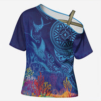 Fijian Tribal Manta Ray Cross Shoulder Shirt Masi Motif with Coral Reef Ocean Vibe LT03 Female Blue - Polynesian Pride