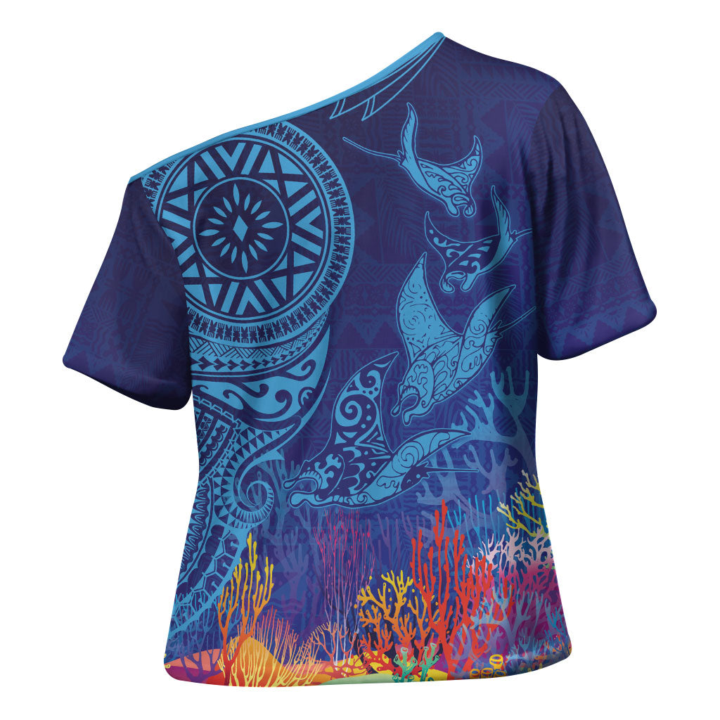 Fijian Tribal Manta Ray Cross Shoulder Shirt Masi Motif with Coral Reef Ocean Vibe LT03 - Polynesian Pride