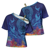 Fijian Tribal Manta Ray Cross Shoulder Shirt Masi Motif with Coral Reef Ocean Vibe LT03 - Polynesian Pride