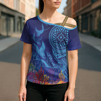 Fijian Tribal Manta Ray Cross Shoulder Shirt Masi Motif with Coral Reef Ocean Vibe LT03 - Polynesian Pride