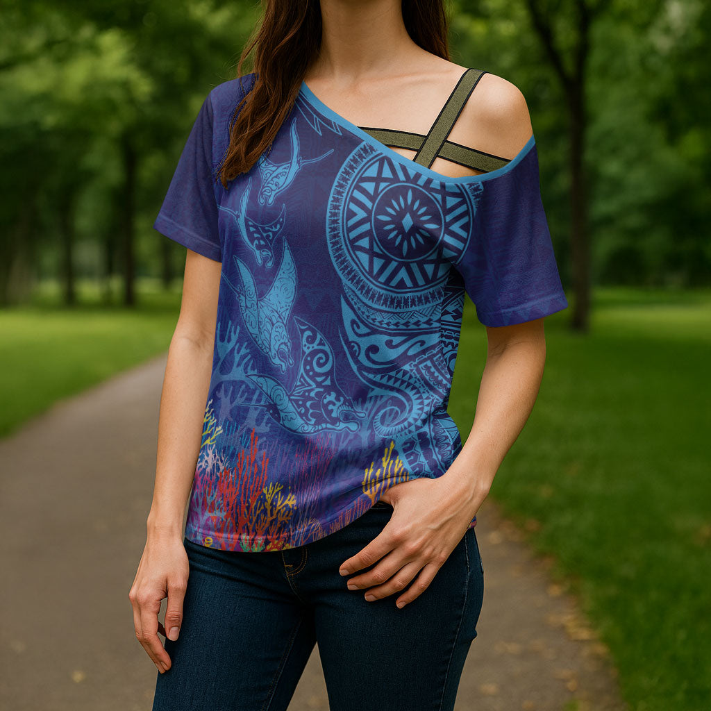 Fijian Tribal Manta Ray Cross Shoulder Shirt Masi Motif with Coral Reef Ocean Vibe LT03 - Polynesian Pride