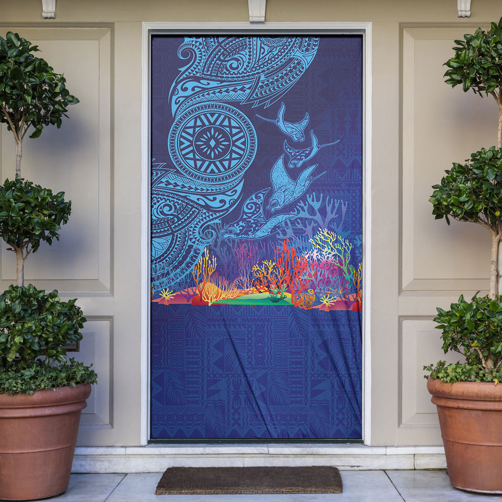 Fijian Tribal Manta Ray Door Cover Masi Motif with Coral Reef Ocean Vibe LT03 Blue - Polynesian Pride