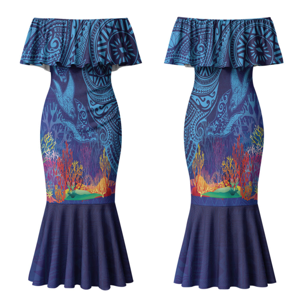 Fijian Tribal Manta Ray Family Matching Mermaid Dress and Hawaiian Shirt Masi Motif with Coral Reef Ocean Vibe LT03 Mom's Dress Blue - Polynesian Pride